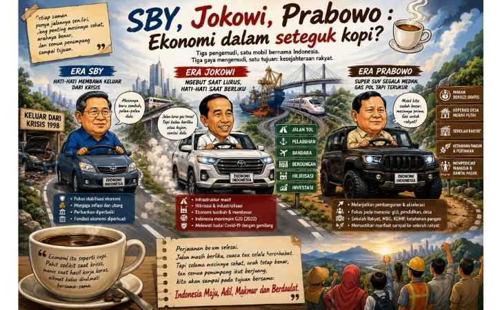 ilustrasi SBY, Jokowi, dan Prabowo: Ekonomi dalam seteguk Kopi