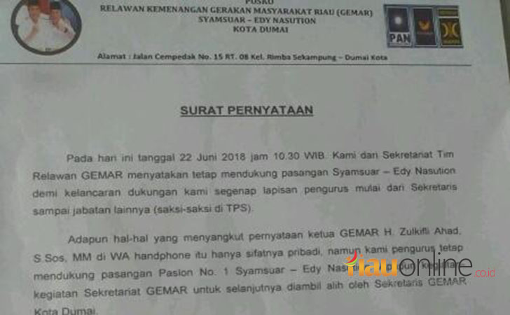 Ketua Gemar Dumai Cabut Dukungan Ke Syamsuar Edy Ini Surat Pernyataan Relawan